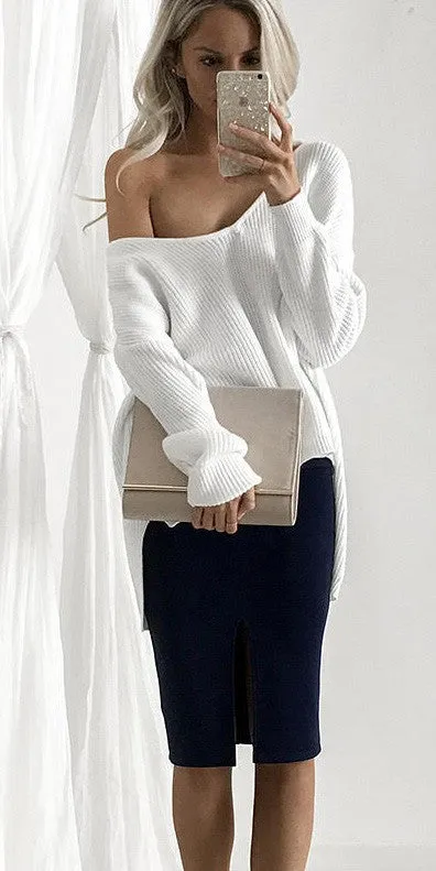 V-neck Long Sleeves Casual Striped Sexy Pure Color Knit Blouse