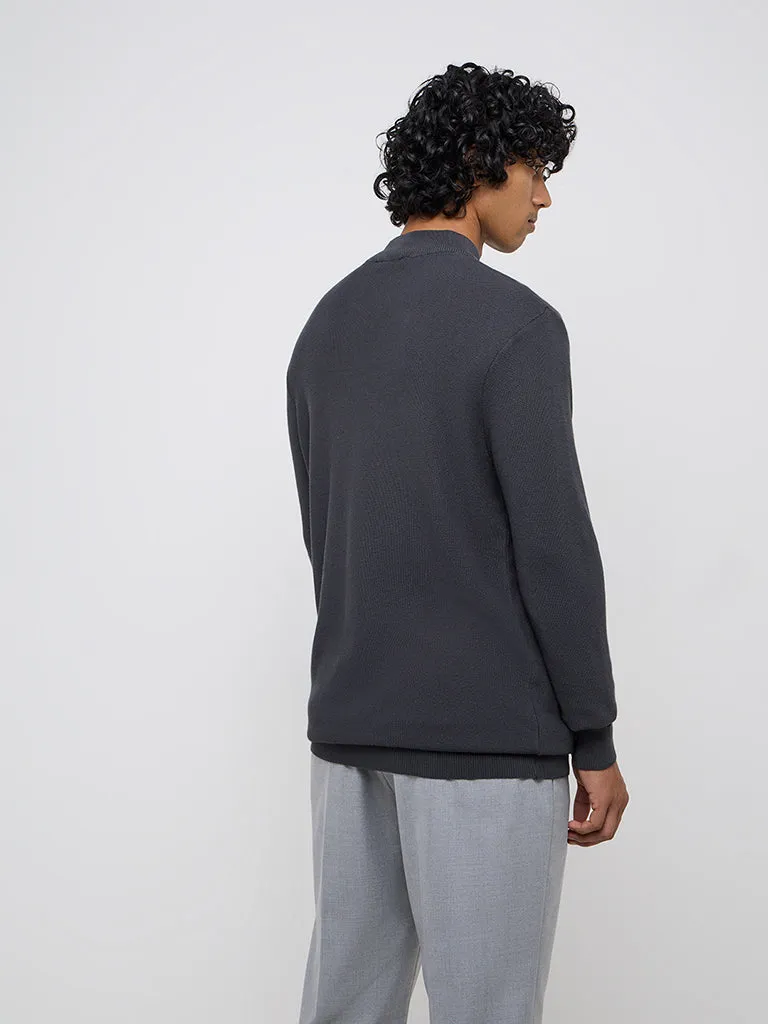 WES Formals Grey Knitted Slim-Fit Quarter Zip Sweater