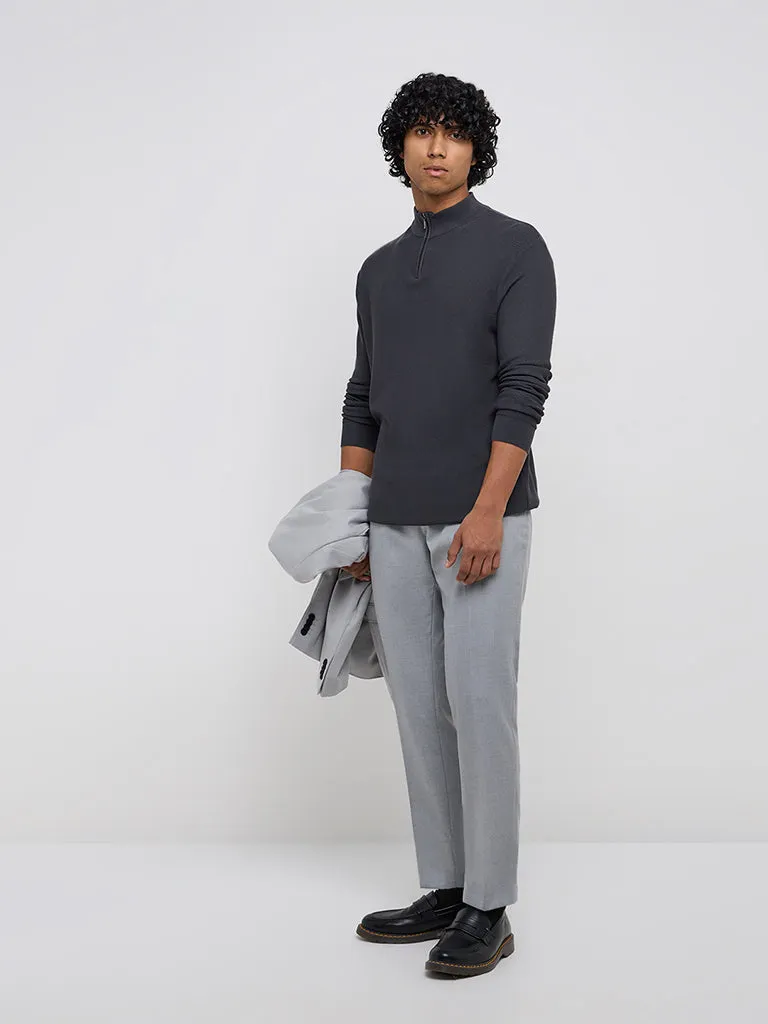 WES Formals Grey Knitted Slim-Fit Quarter Zip Sweater