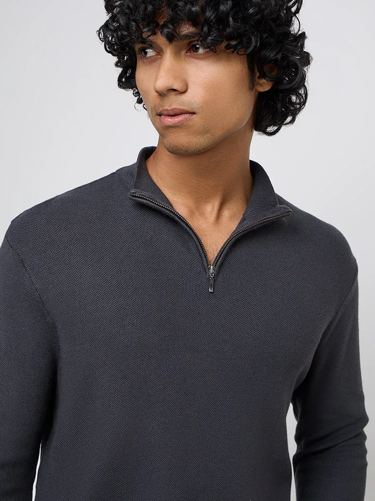 WES Formals Grey Knitted Slim-Fit Quarter Zip Sweater