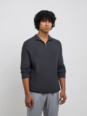 WES Formals Grey Knitted Slim-Fit Quarter Zip Sweater