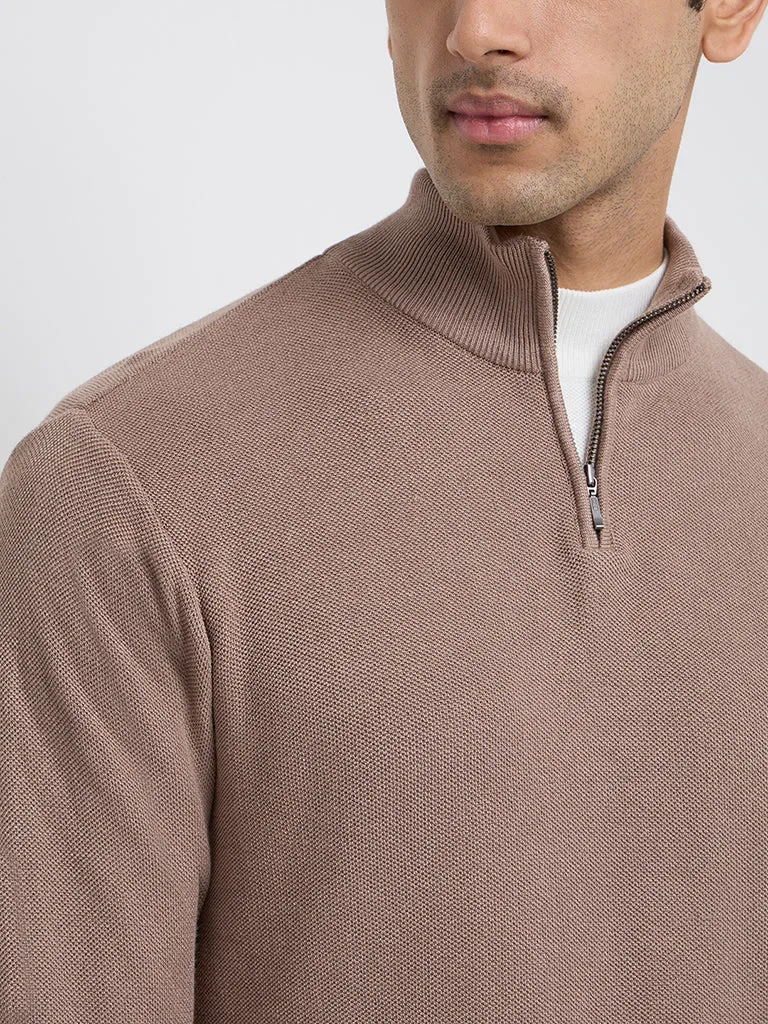 WES Formals Taupe Solid Slim-Fit Quarter Zip Sweater