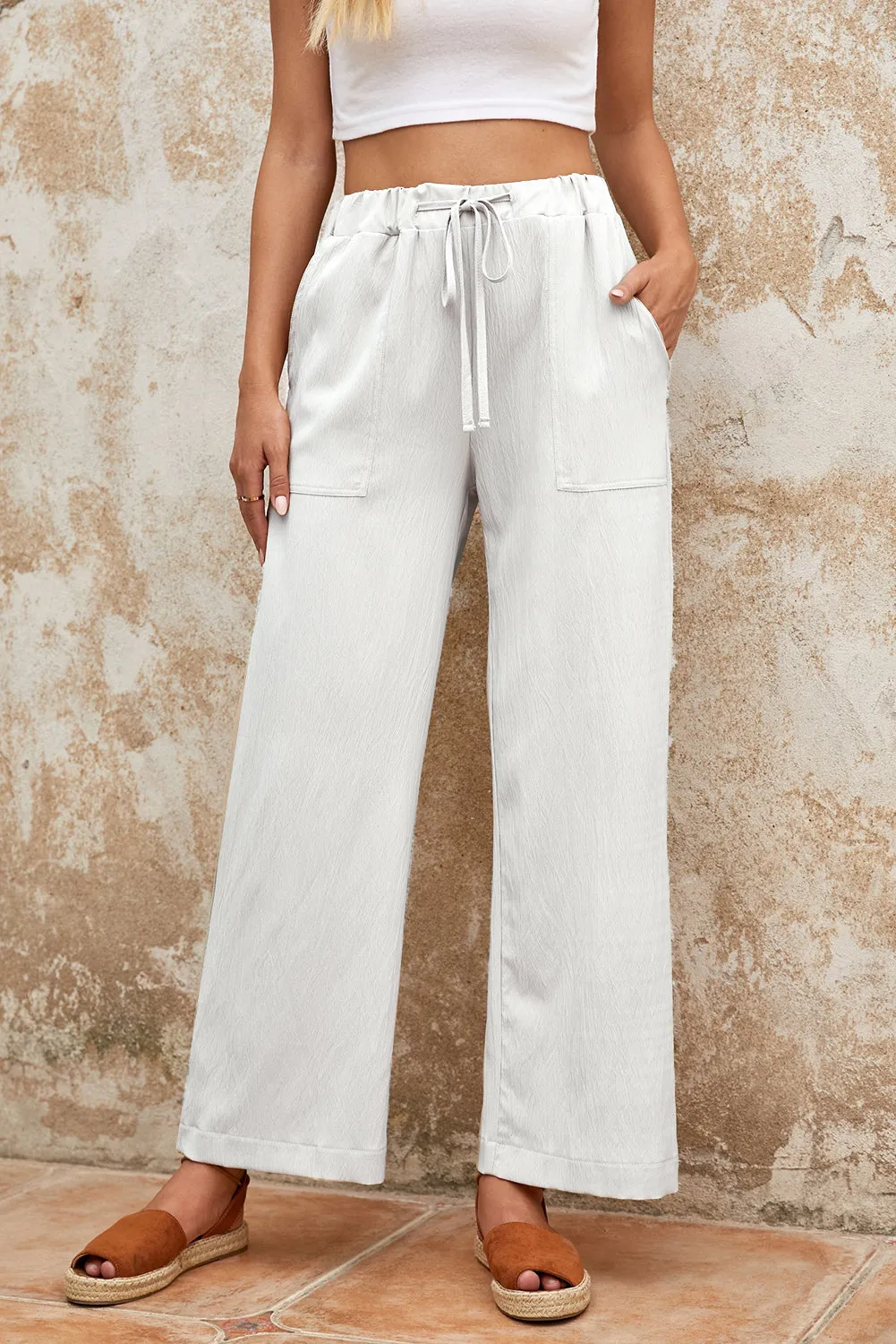 White Label Drawstring Waist Crinkled Wide Leg Pants