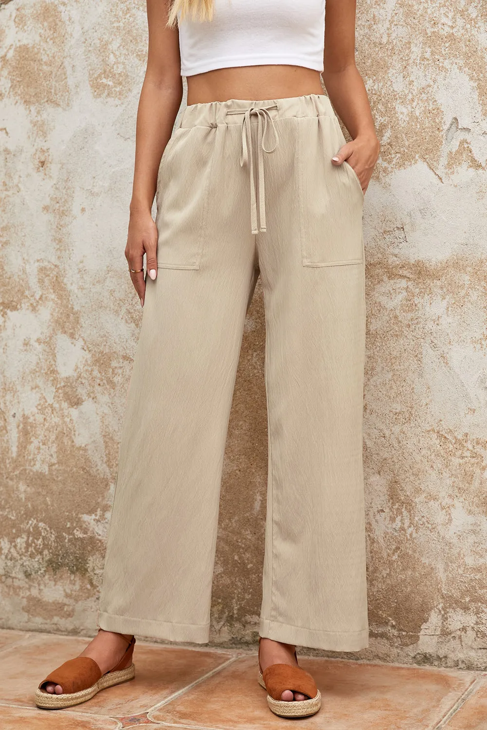 White Label Drawstring Waist Crinkled Wide Leg Pants