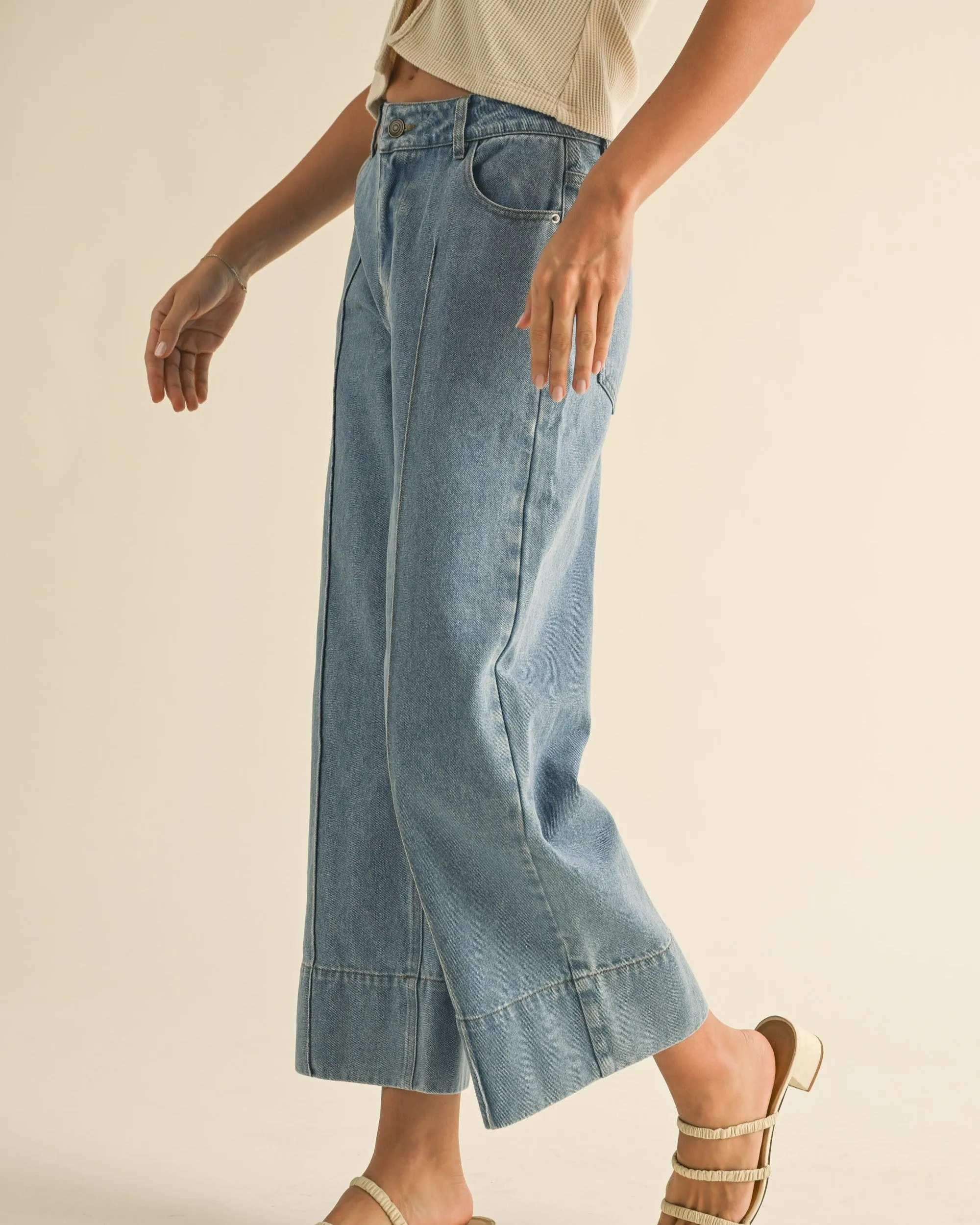 Wide Hem Denim Pants - Denim