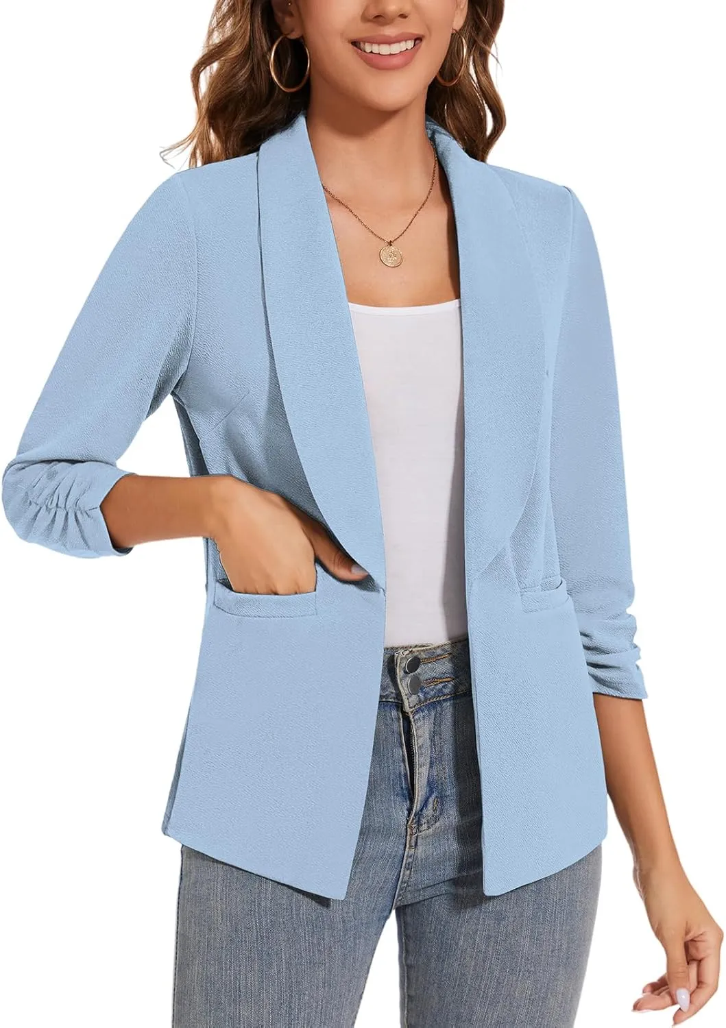 Women Casual Shawl Lapel Work Blazer Ruched 3/4 Sleeve Open Front Business Office Suit Jackets with Pockets