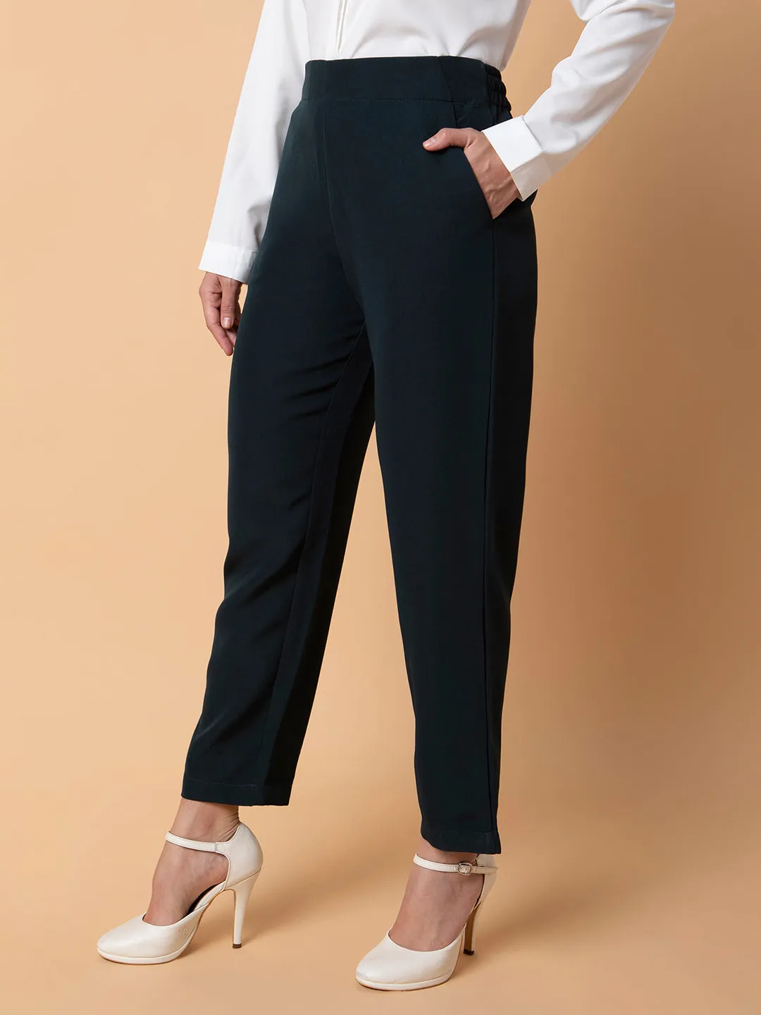 Women Green Comfort Slim Fit Trousers