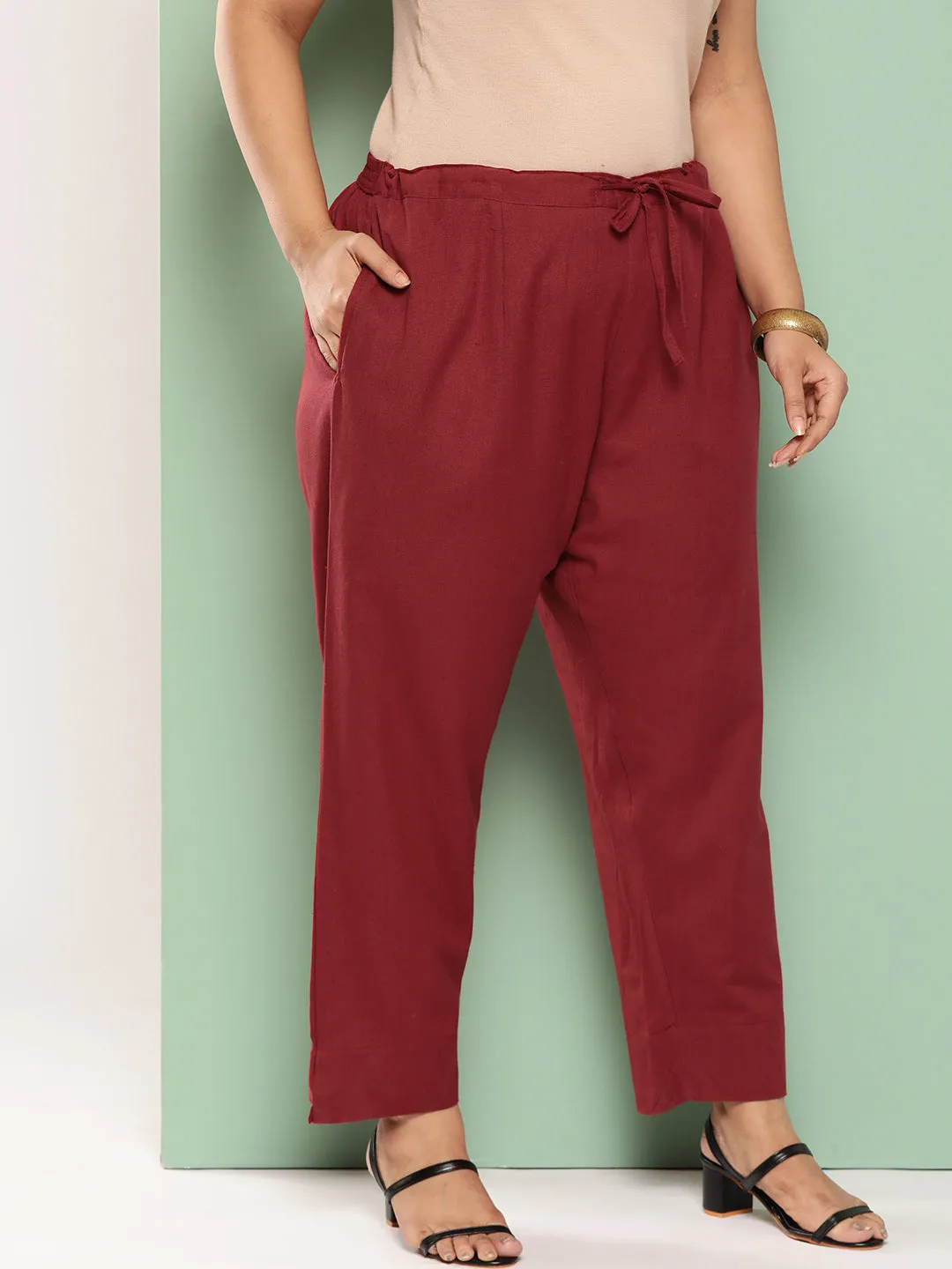 Women Plus Size Maroon Cotton Trouser