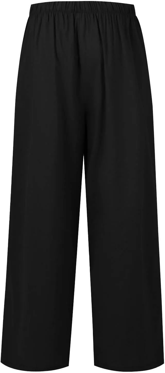 Women's Pants Trendy Linen Summer Wide Leg Pants Flowy Solid Color Beach Pants with Pockets Dress Pants, S-3XL
