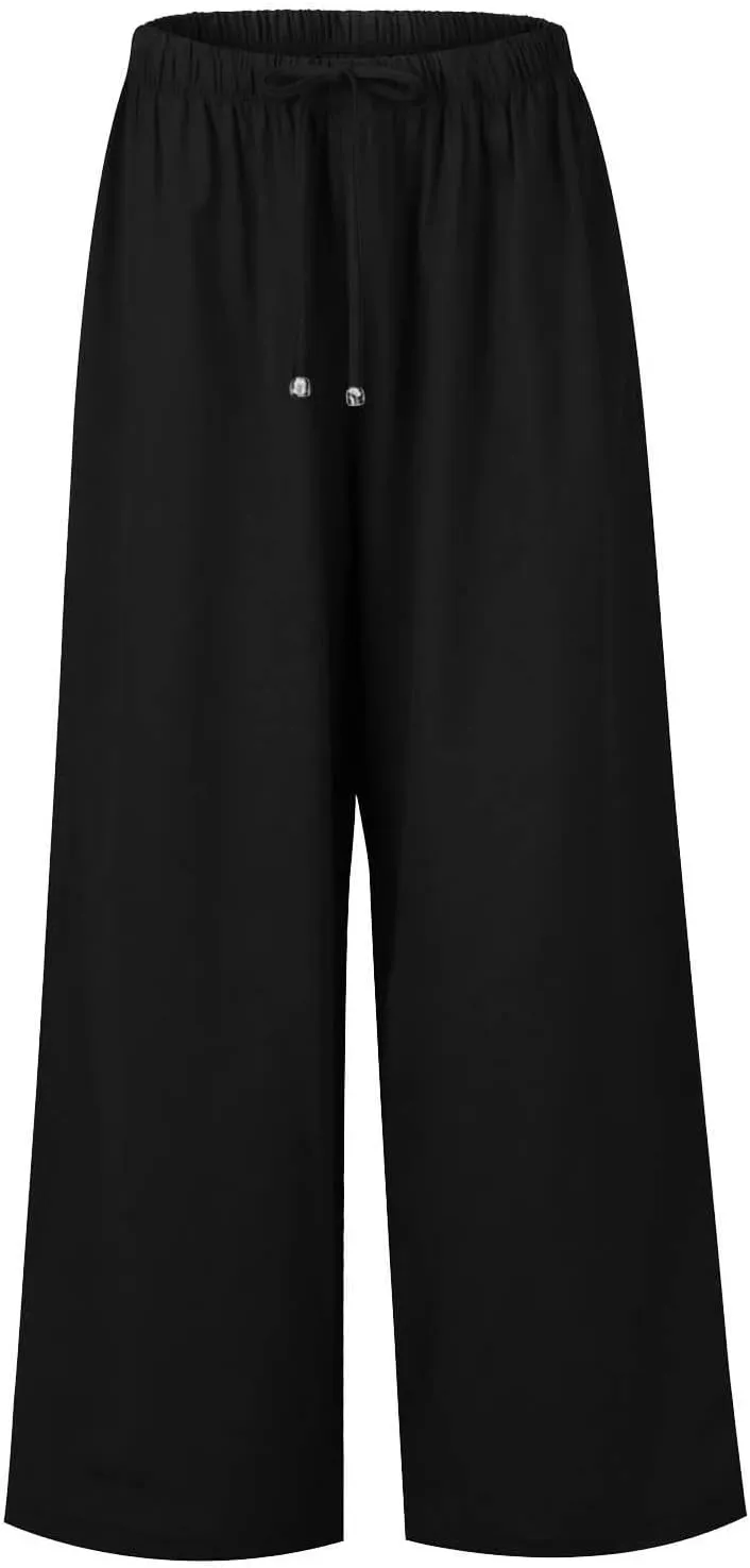 Women's Pants Trendy Linen Summer Wide Leg Pants Flowy Solid Color Beach Pants with Pockets Dress Pants, S-3XL