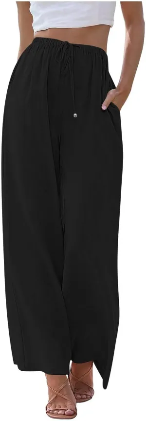 Women's Pants Trendy Linen Summer Wide Leg Pants Flowy Solid Color Beach Pants with Pockets Dress Pants, S-3XL