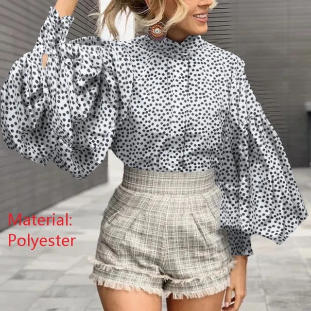 Xakxx - Fashion Women Big Lantern Sleeve Blouses Elegant Office Blusas Autumn Stand Collar Work Casual Solid Vintage Tops