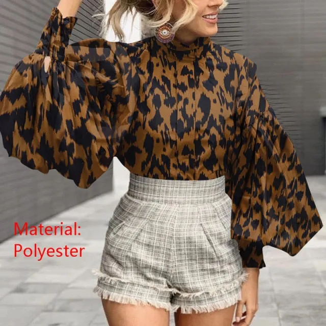 Xakxx - Fashion Women Big Lantern Sleeve Blouses Elegant Office Blusas Autumn Stand Collar Work Casual Solid Vintage Tops