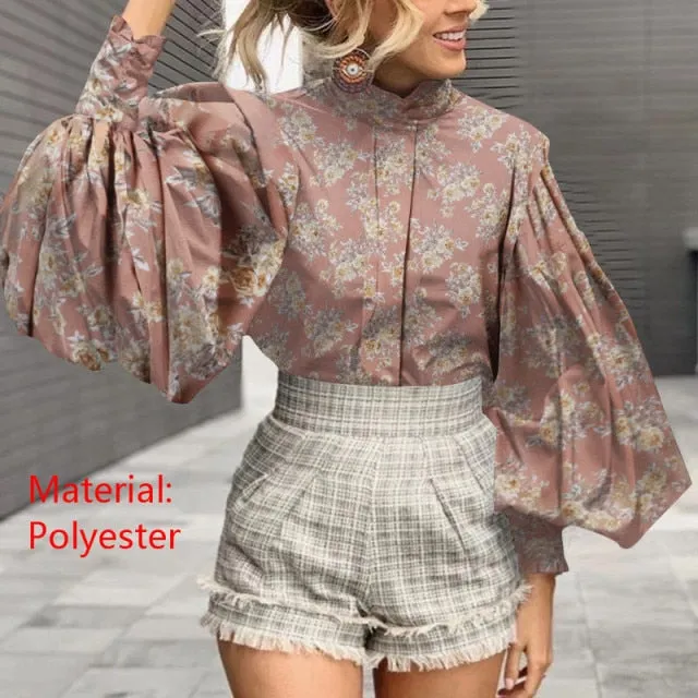 Xakxx - Fashion Women Big Lantern Sleeve Blouses Elegant Office Blusas Autumn Stand Collar Work Casual Solid Vintage Tops
