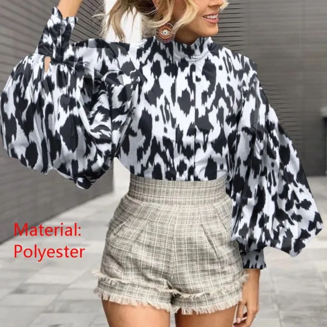 Xakxx - Fashion Women Big Lantern Sleeve Blouses Elegant Office Blusas Autumn Stand Collar Work Casual Solid Vintage Tops