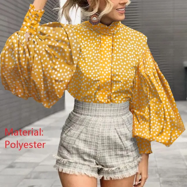 Xakxx - Fashion Women Big Lantern Sleeve Blouses Elegant Office Blusas Autumn Stand Collar Work Casual Solid Vintage Tops