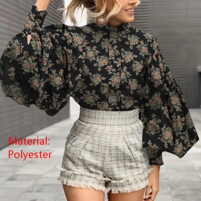 Xakxx - Fashion Women Big Lantern Sleeve Blouses Elegant Office Blusas Autumn Stand Collar Work Casual Solid Vintage Tops