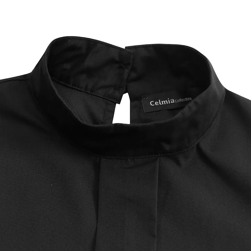 Xakxx - Fashion Women Big Lantern Sleeve Blouses Elegant Office Blusas Autumn Stand Collar Work Casual Solid Vintage Tops