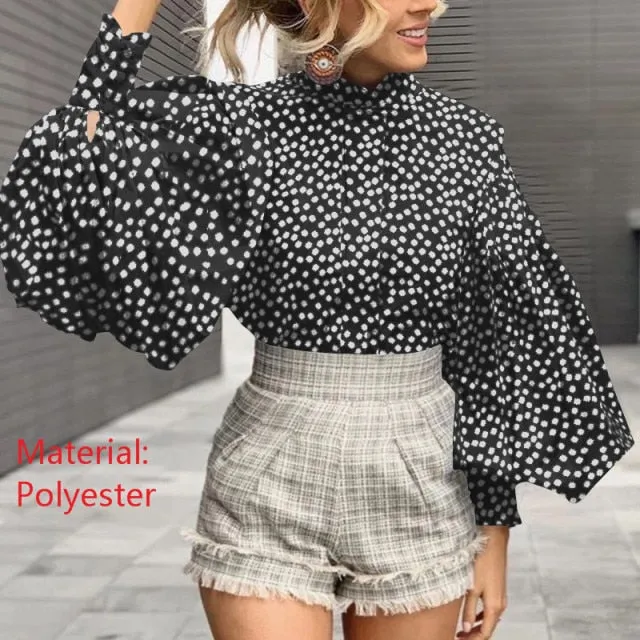 Xakxx - Fashion Women Big Lantern Sleeve Blouses Elegant Office Blusas Autumn Stand Collar Work Casual Solid Vintage Tops