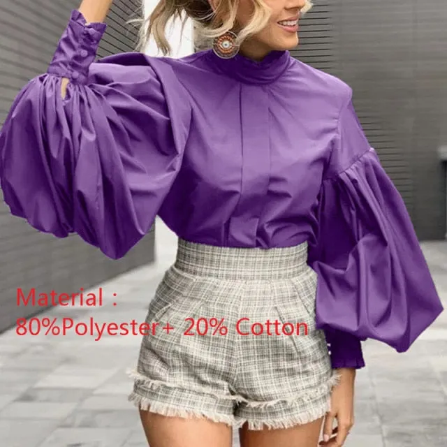 Xakxx - Fashion Women Big Lantern Sleeve Blouses Elegant Office Blusas Autumn Stand Collar Work Casual Solid Vintage Tops