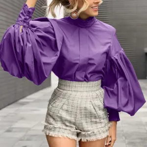 Xakxx - Fashion Women Big Lantern Sleeve Blouses Elegant Office Blusas Autumn Stand Collar Work Casual Solid Vintage Tops