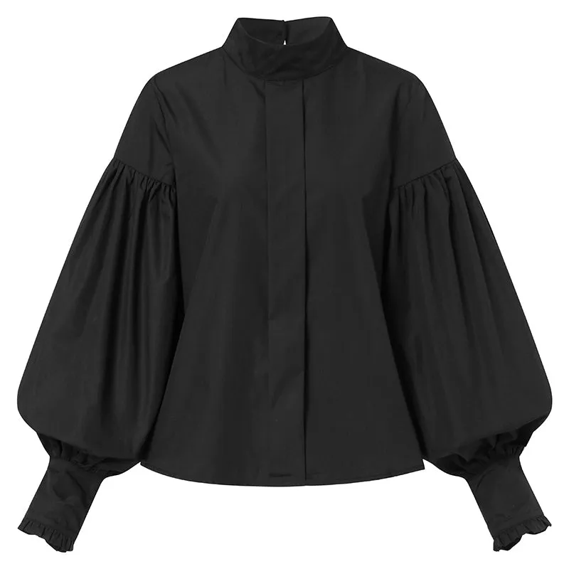 Xakxx - Fashion Women Big Lantern Sleeve Blouses Elegant Office Blusas Autumn Stand Collar Work Casual Solid Vintage Tops