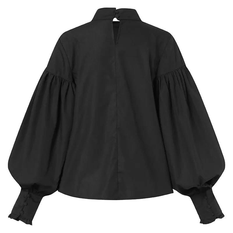 Xakxx - Fashion Women Big Lantern Sleeve Blouses Elegant Office Blusas Autumn Stand Collar Work Casual Solid Vintage Tops