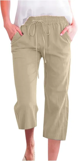 YOLAI Capri Pants for Women Casual Summer Drawstring Elastic High Waist Linen Pant Straight Wide Leg Cropped Trouser