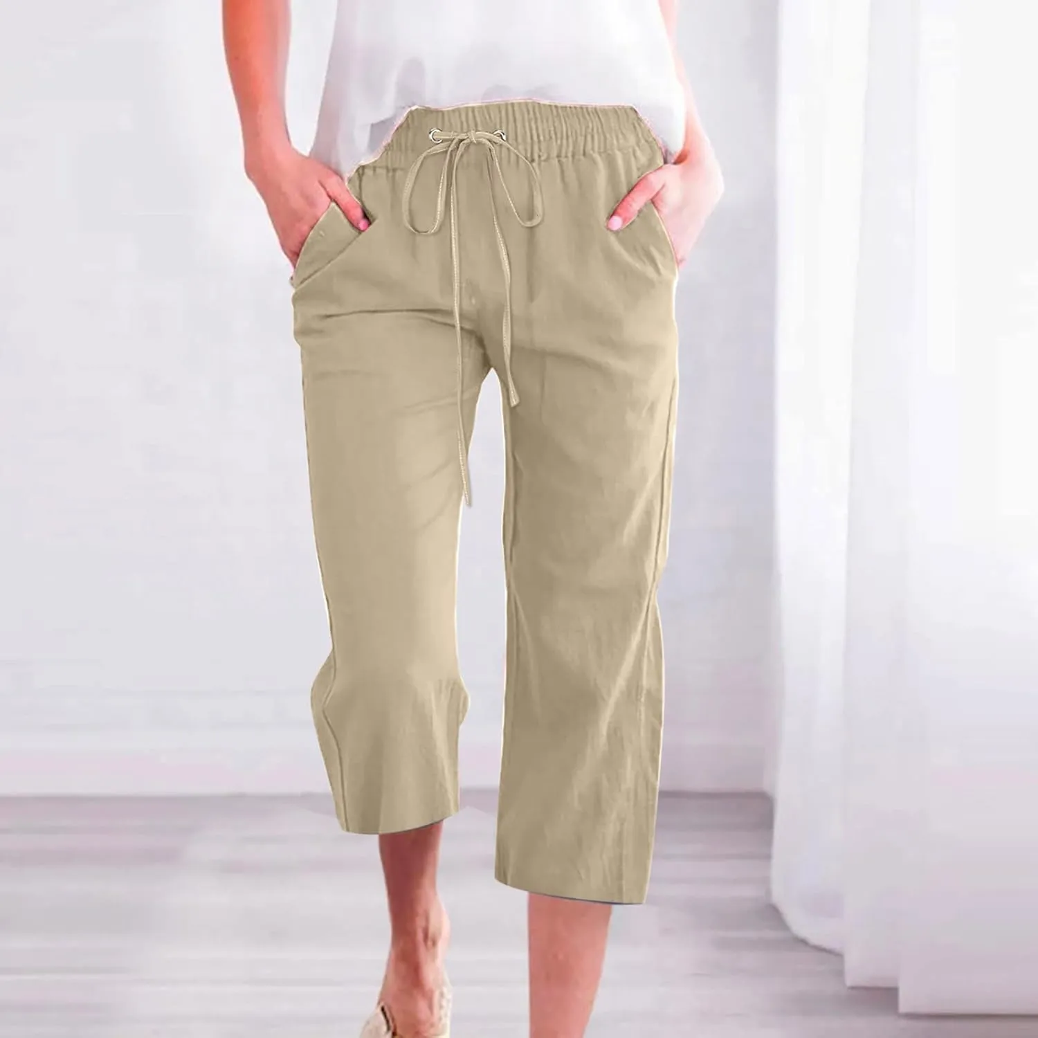 YOLAI Capri Pants for Women Casual Summer Drawstring Elastic High Waist Linen Pant Straight Wide Leg Cropped Trouser