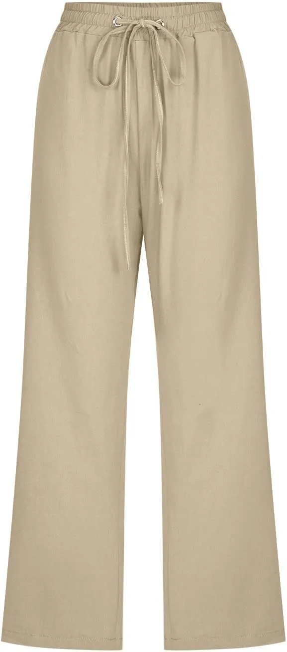 YOLAI Capri Pants for Women Casual Summer Drawstring Elastic High Waist Linen Pant Straight Wide Leg Cropped Trouser