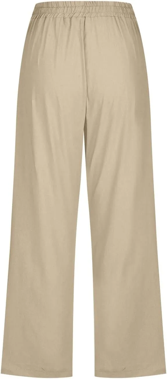 YOLAI Capri Pants for Women Casual Summer Drawstring Elastic High Waist Linen Pant Straight Wide Leg Cropped Trouser